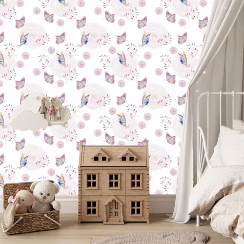 Tapete Aquarell mit Schmetterlingen und Pflanzen