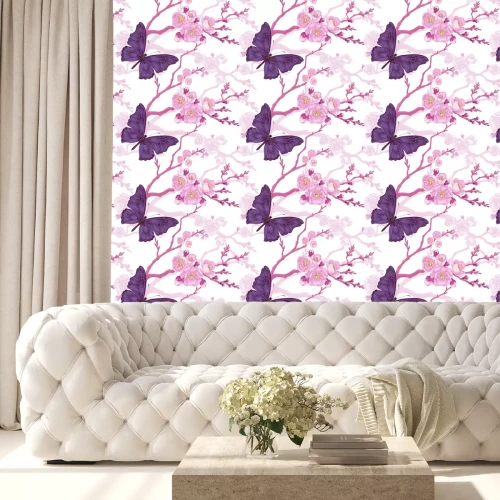 Tapete Schmetterling auf einer rosa Blume mit Zweigen