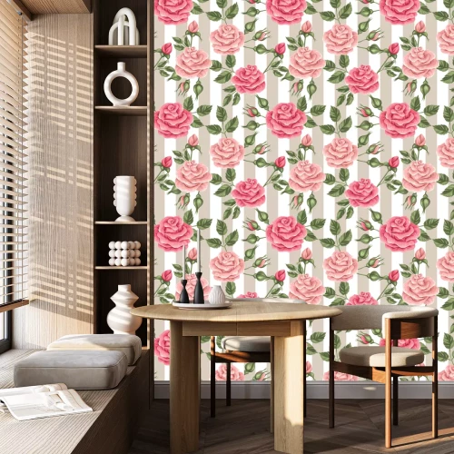 Tapete Rosen auf gestreiftem Hintergrund des schäbigen Chic