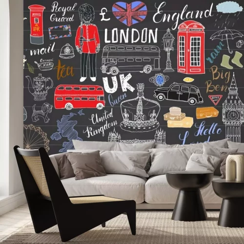 Sticker London Stadt doodles Elemente Sammlung. Hand gezeichnetes Set mit, Turmbrücke, Krone, Big Ben, königlicher Schutz, roter Bus, UK-Karte und Flagge, Teetopf, Beschriftung, Vektor-Illustration auf Tafel