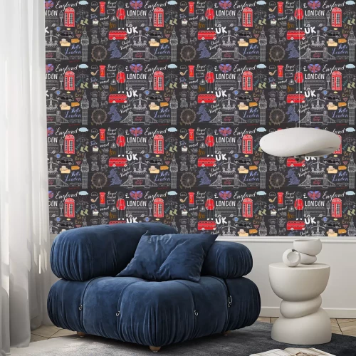 Tapete London Stadt doodles Elemente Sammlung. Hand gezeichnetes Set mit, Turmbrücke, Krone, Big Ben, königlicher Schutz, roter Bus, UK-Karte und Flagge, Teetopf, Beschriftung, Vektor-Illustration auf Tafel