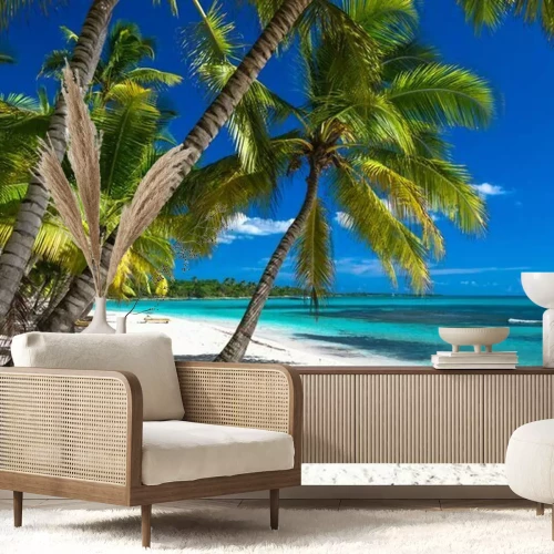 Fototapete Palmen und Liegestühle am tropischen Strand