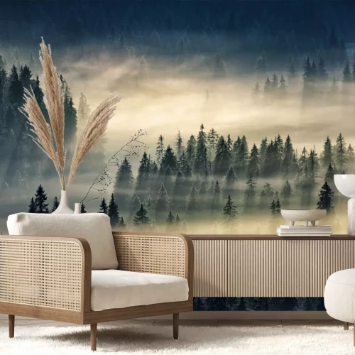 Fototapete Schwarze, in gelblichen nebel gehüllte bäume