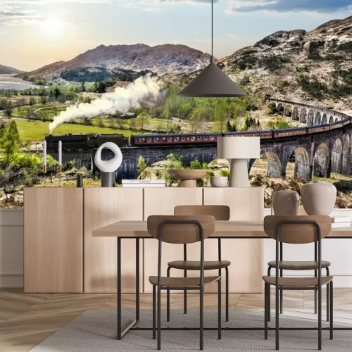 Fototapete Glenfinnan Railway Viaduct in Schottland mit der Jacobite Dampfzug gegen Sonnenuntergang über See