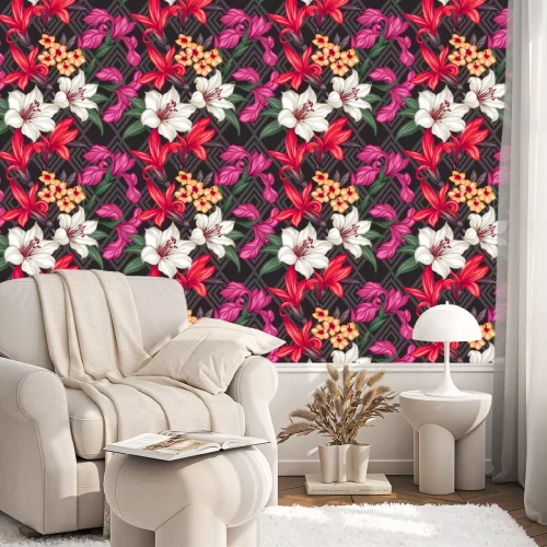 Tapete Nahtloses Muster der tropischen Blätter und Blumen des Vektors. Handgemalte Illustration auf geometrischem Hintergrund