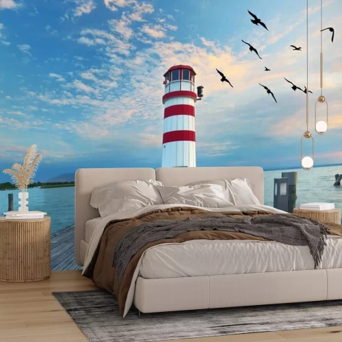 Fototapete Zum Sonnenuntergang am Leuchtturm am See