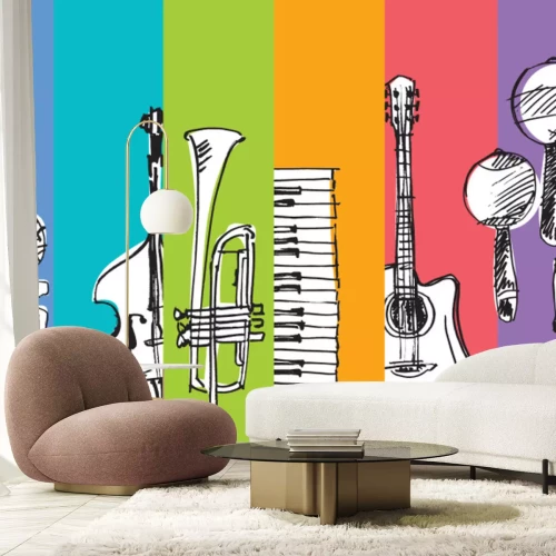 Sticker Verschiedene Musikinstrumente auf buntem Hintergrund