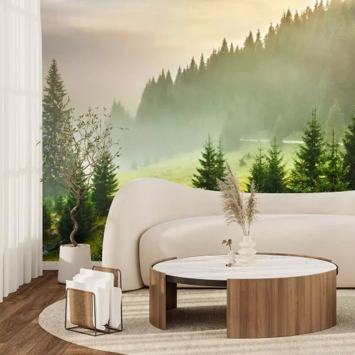 Fototapete Grünes gras und bäume am berghang