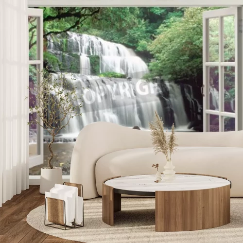 Fototapete Blick durch ein Fenster auf einen Wasserfall