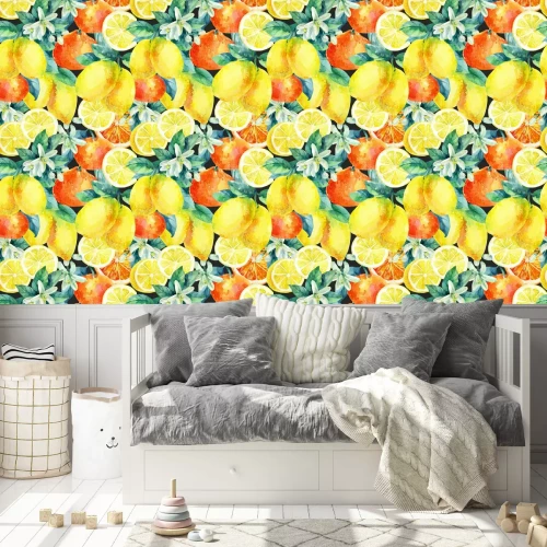 Tapete Aquarellfarbene Zitronen und Orangen