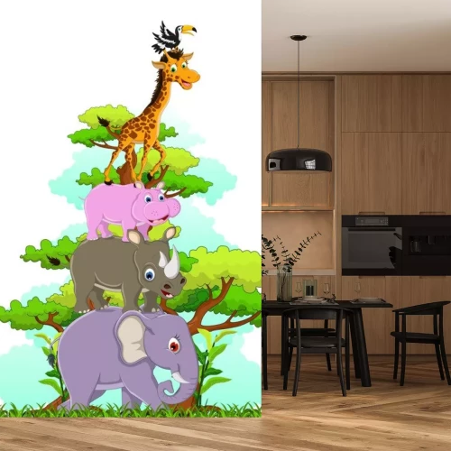 Sticker funny animal cartoon mit tropischen Wald Hintergrund