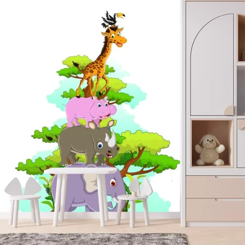 Sticker funny animal cartoon mit tropischen Wald Hintergrund