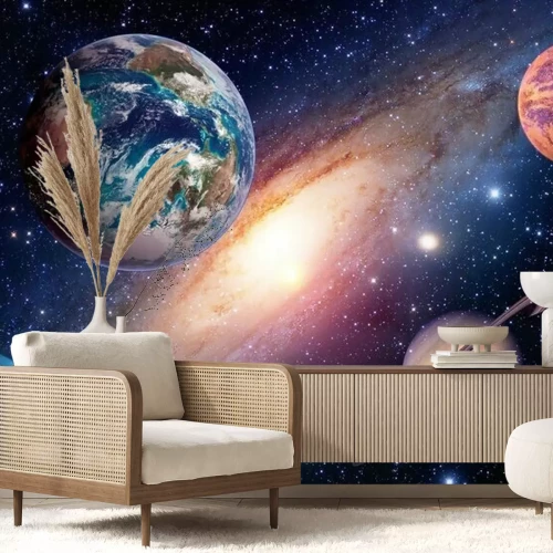 Fototapete Planeten und ein Nebel im Weltall