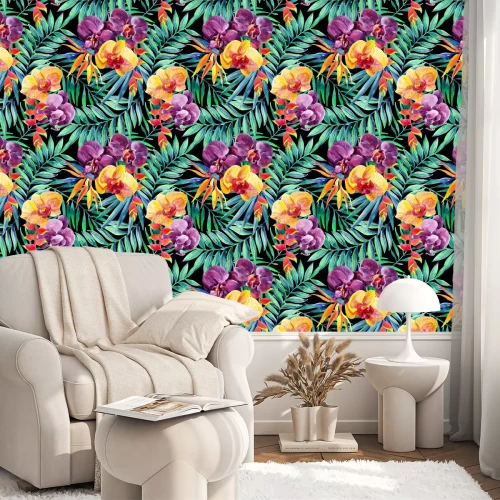 Tapete Aquarell tropische Blätter und Blumen nahtlose Muster.