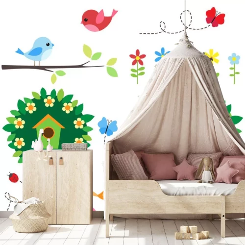 Sticker Garten mit Vögeln, blühenden Bäumen, Blumen und Insekten.