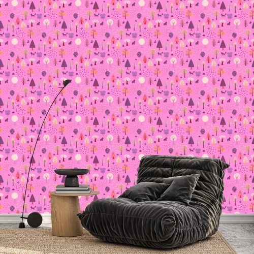 Tapete Der Vektor illustriert nahtlose Muster von flachen Wald-Elemente - verschiedene Bäume, wilde Tiere und Samen.