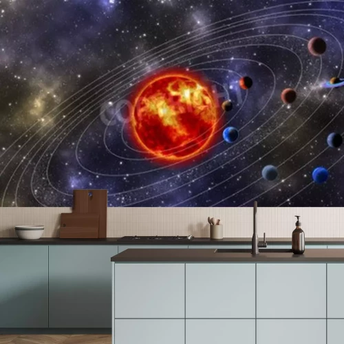 Fototapete Orange Sonne Planeten und Bahnen