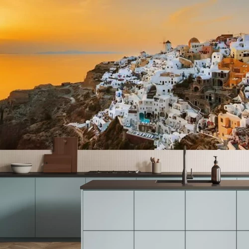 Fototapete Oia bei Sonnenuntergang, Panoramablick