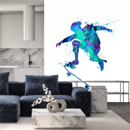 Sticker Skateboardfahrer. Blaue Spritzerfarbe