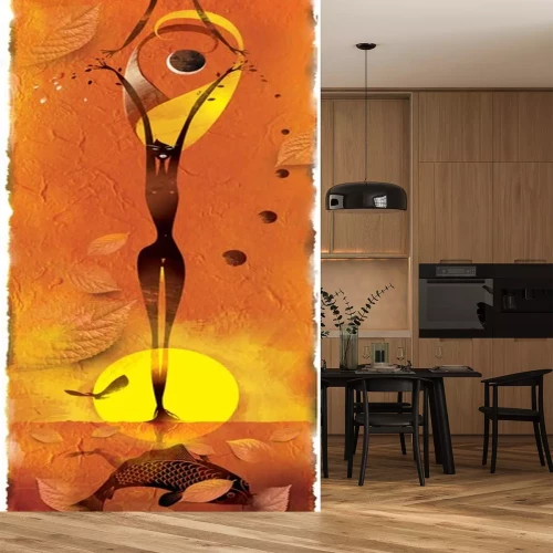 Sticker Mädchen mit Blättern stehen in den Teich in der Sonne