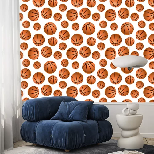 Tapete Viele realistische Basketball-Kugeln auf weiß, nahtlose Muster