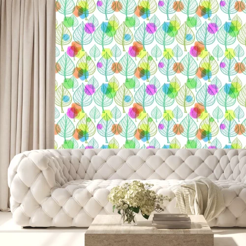 Tapete Nahtlose Muster von Blättern und Aquarell Flecken auf einem weißen Hintergrund