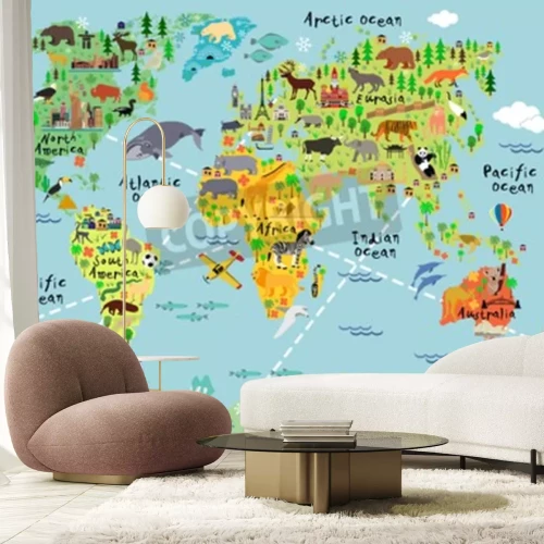Fototapete Weltkarte mit Tieren für Kinder