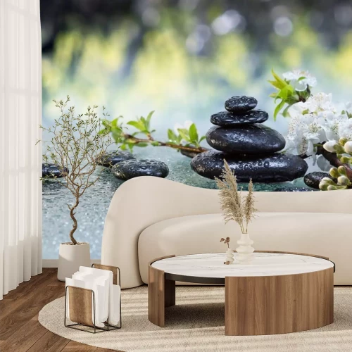 Sticker schwarze Steine und Mandelblüten mit Wassertropfen