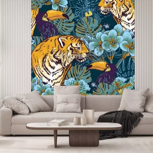 Fototapete Tiger auf tropischem hintergrund