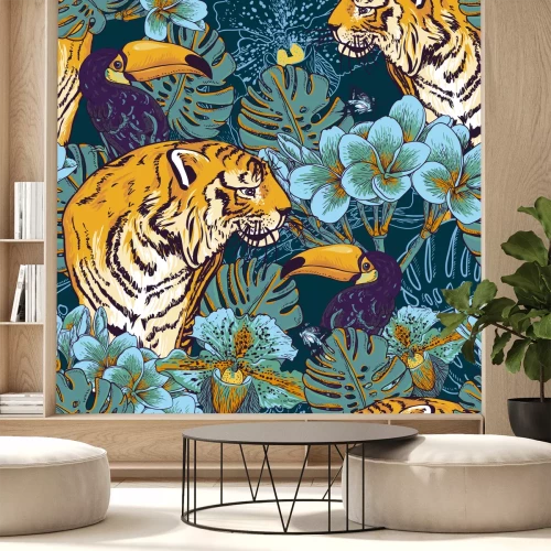 Fototapete Tiger auf tropischem hintergrund