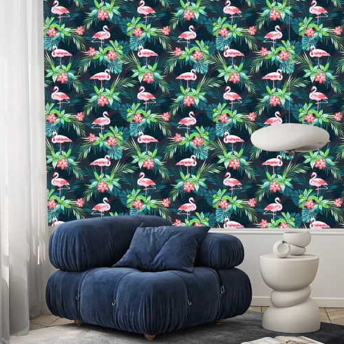 Tapete Flamingos und Blumen auf dunklem Hintergrund