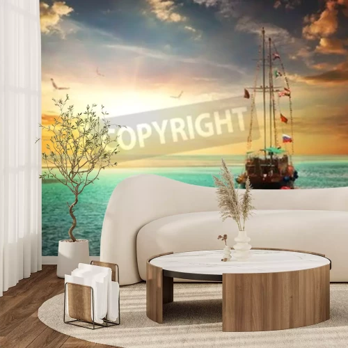 Fototapete Sonnenaufgang und Jacht auf Meer
