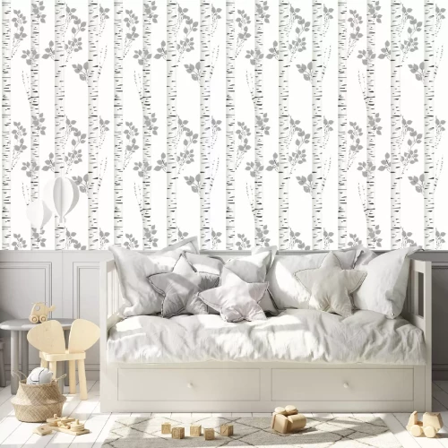 Tapete Schwarze und weiße Birken mit kleinen Zweigen