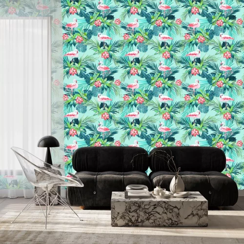 Tapete Tropische Sommer nahtlose Muster mit Flamingo-Vögel und Dschungel-Blumen