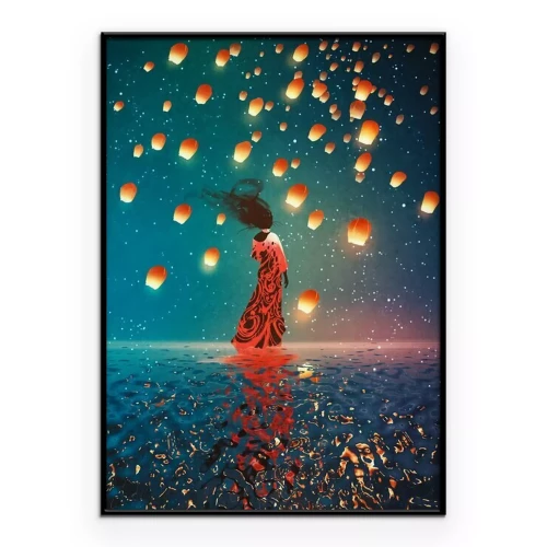 Poster Eine Frau mit Laternen vor dem Nachthimmel