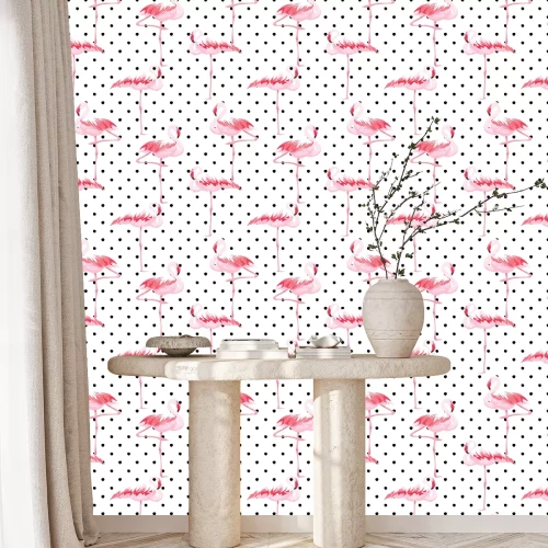 Tapete Weißes Thema mit schwarzen Tupfen und Flamingos