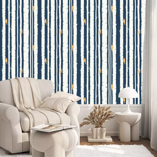 Tapete Schöner Wald mit kleinen Herzen und Vögeln