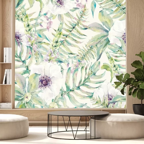 Fototapete Aquarell mit Farnblättern und -blüten