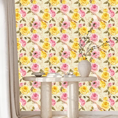 Tapete Teerosen und rosa Bienen V?gel