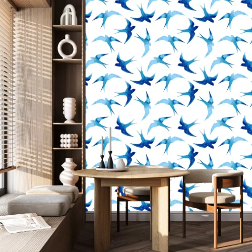 Tapete Aquarellvögel im Flug in Blautönen