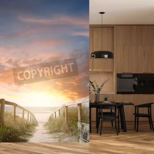 Fototapete Eingang zum Strand bei Sonnenuntergang