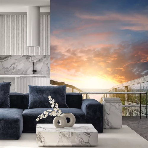 Fototapete Eingang zum Strand bei Sonnenuntergang