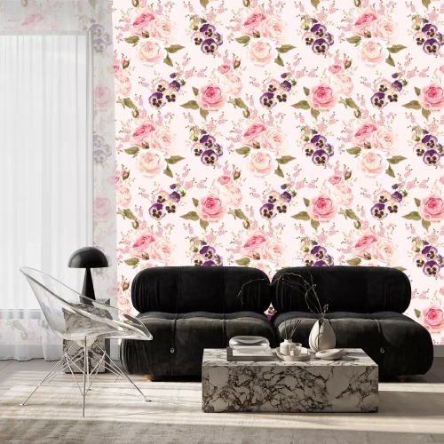 Tapete Rosa Rosen und violette Veilchen