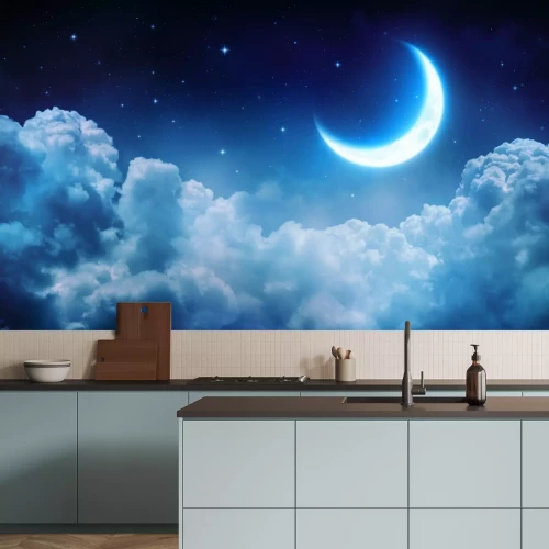 Fototapete Romantischen Mond In Sternennacht über Wolken