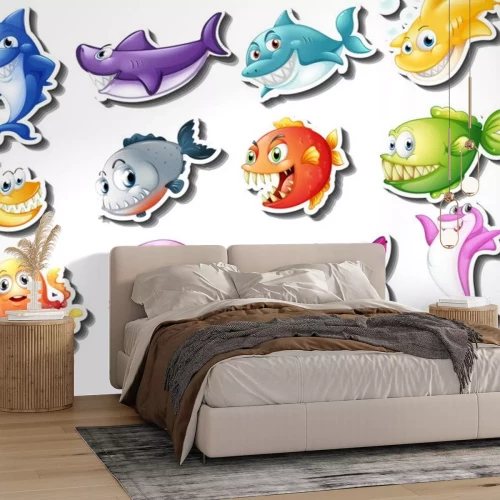Sticker Bunte Fische mit scharfen Zähnen und Oktopus