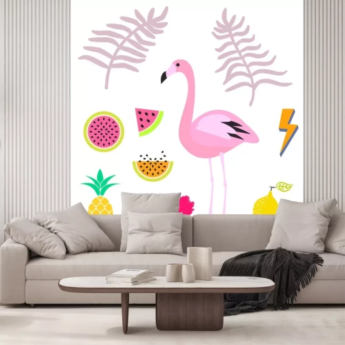 Sticker Pink Flamingo und tropische Früchte