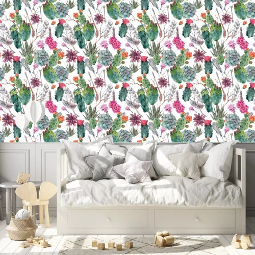 Tapete Boho-Muster mit Pfeilfedern und Kakteen