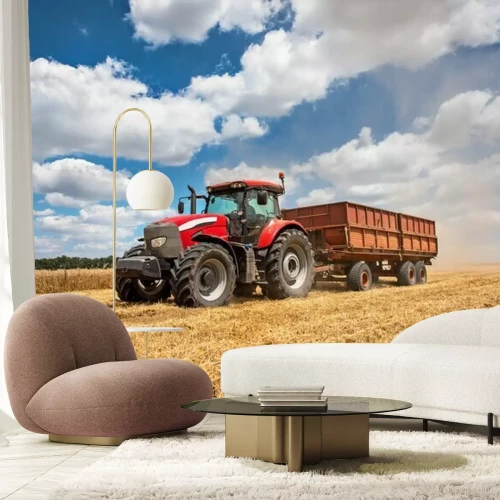 Fototapete Traktor mit Anhänger auf dem Feld