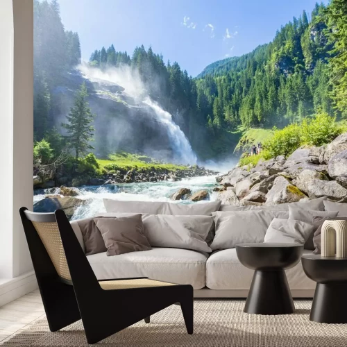 Fototapete Bergblick und Wasserfall