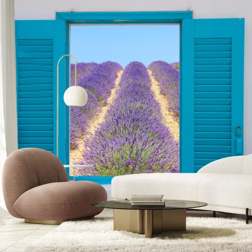 Fototapete Feld vor einem türkisem fenster